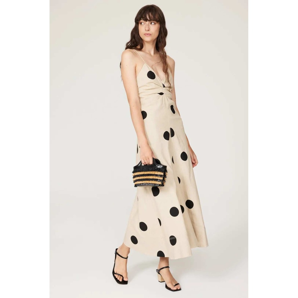 Tanya Taylor Meredith Dress Polka Dot Linen Ruched V Neck Cream Midi 4